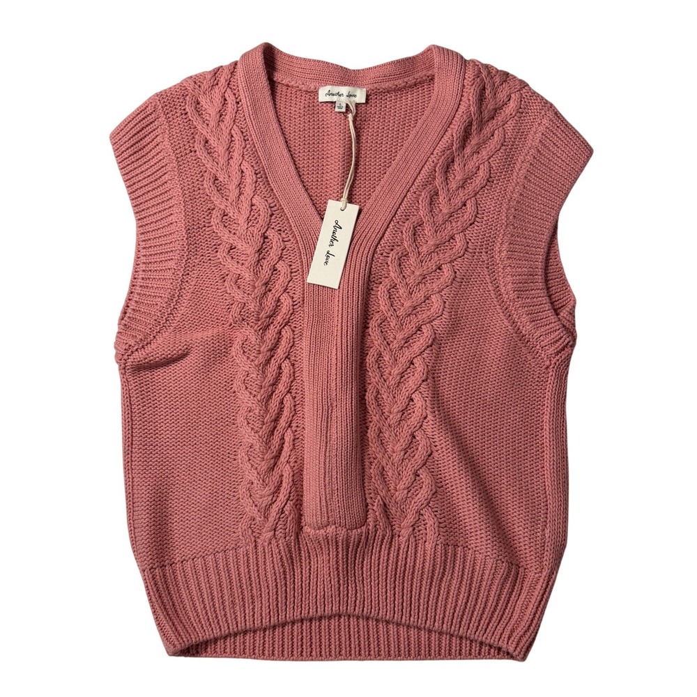 Another Love Sweater Vest Pink Cable Knit V-Neck Sleeveless Pullover Large Women